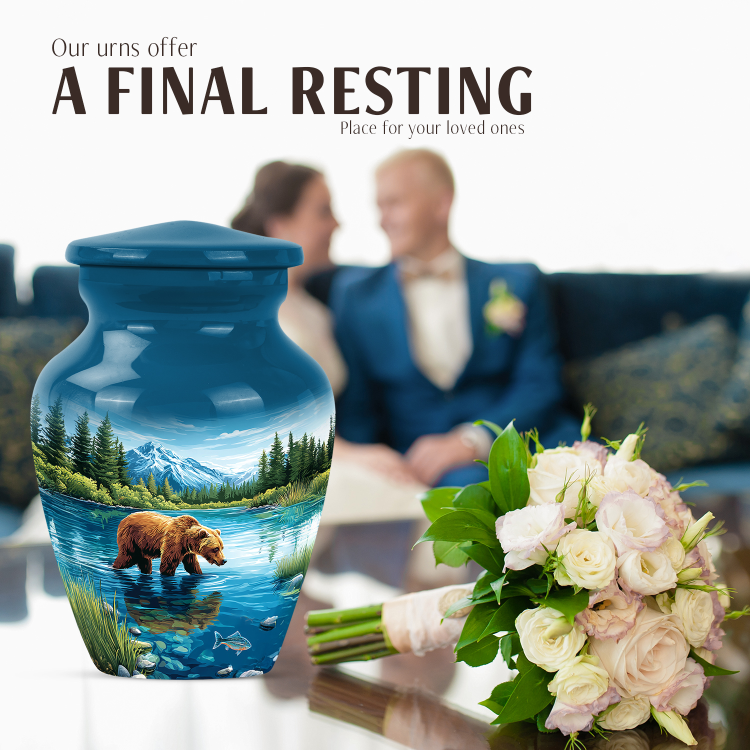 JAGASY Bear Small Urn for Sister, Blue Urn for Human Ashes Keepsake, River Trees Mountain & Blue Sky Decorative Urns for Siblings, Memorial Tiny Urns for Brother, (3 Inch)