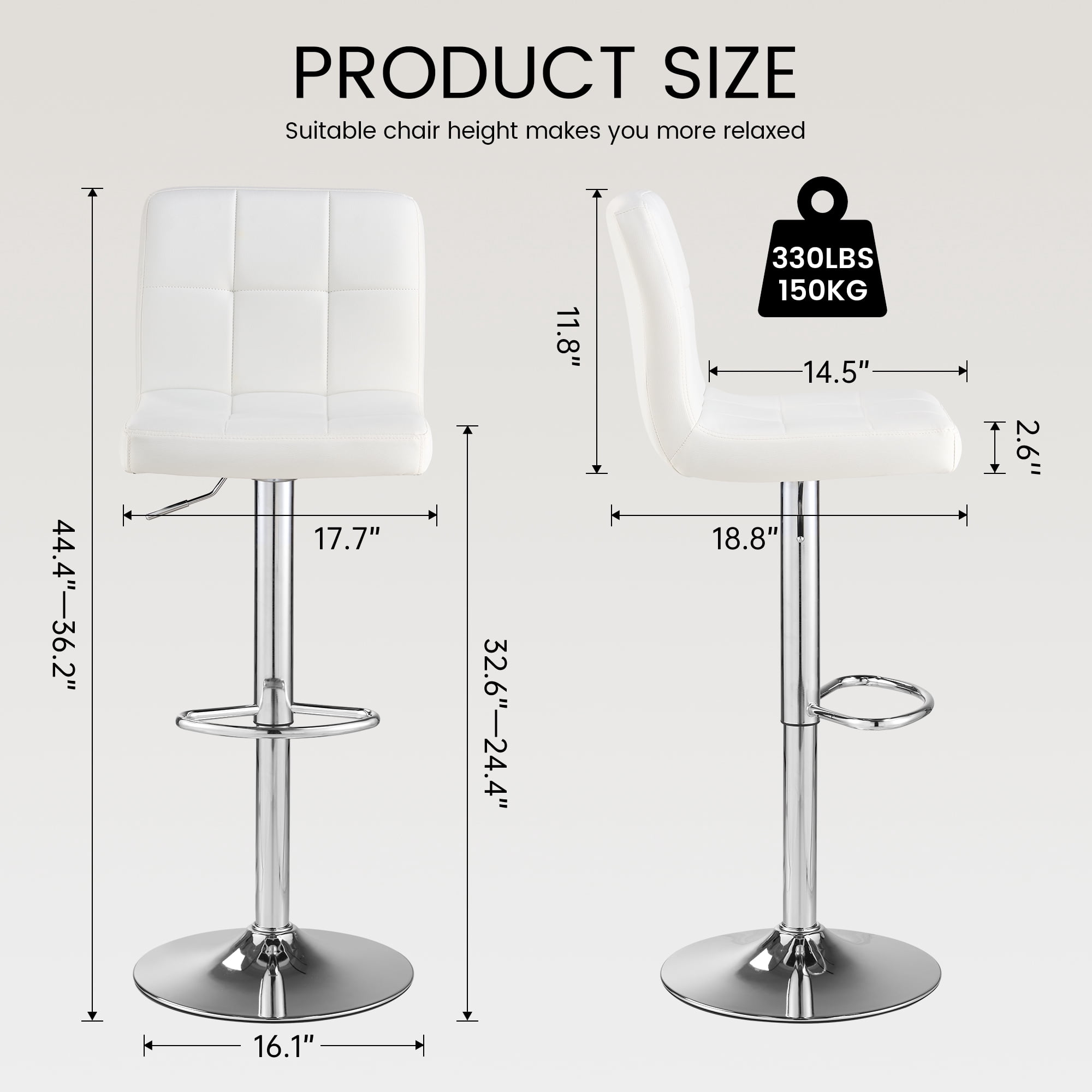 SAETSFEG Bar Stools, Thickened Seat Cushion Adjustable Swivel Bar Stool with Backrest, Counter Height PU Leather Bar Chairs for Kitchen Island, Dining Room, White
