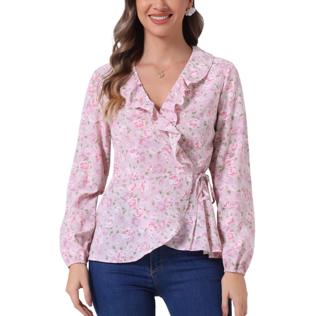 Blusa de Raso con Volantes para Mujer, Cuello en V, Floral, Cintura Ajustable, Peplum, L Rosa Rojo