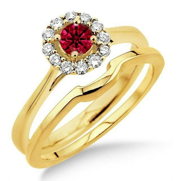 Extraordinary Fantastic Mind Blowing Moissanite Diamond 1.25 Carat Round Cut Red Ruby Bridal Set Halo on 10k Yellow Gold
