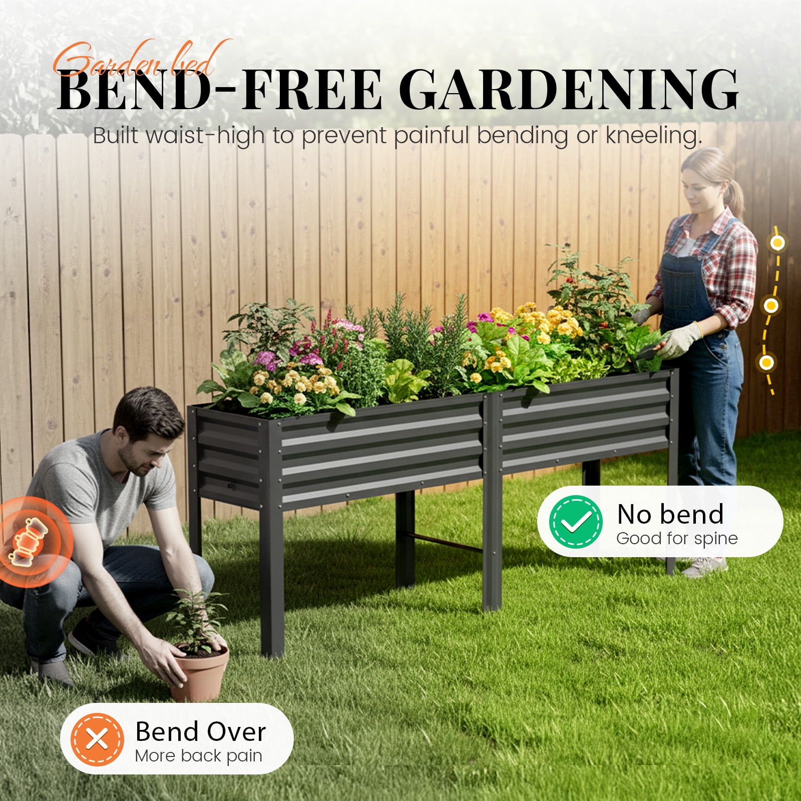 King Bird Galvanized Steel Raised Garden Bed Kit, 80"x17"x31.5" Metal Planter Box with Self-Watering Basin Cells, Tall Elevated Garden Bed for Vegetables & Flowers Deep Gray