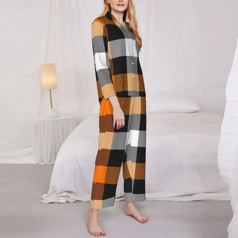 Loungewear Long 2 Sleepwear Print With Women\'S Pajamas Set-Small Sleeve Orange Pants Kll Plaid