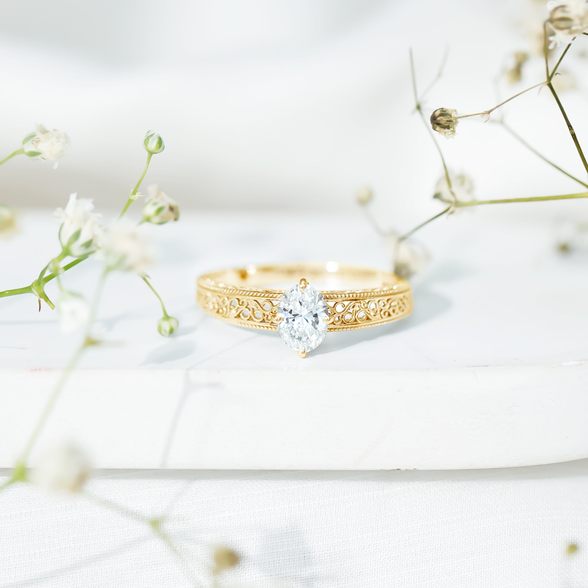Rosec Jewels Vintage Inspired Lab Diamond Oval Engagement Ring - 1 Carat - Ready To Gift for Women, 10K Yellow Gold, US 9.00