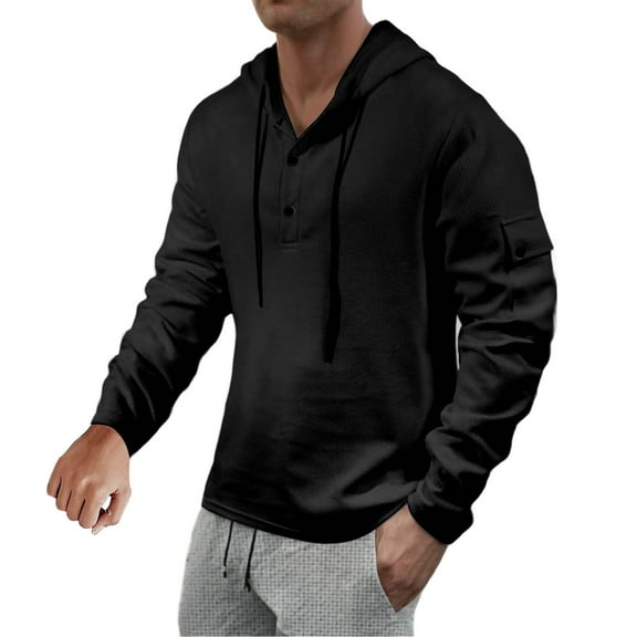 Dagegui Men's Hooded Shirts Waffle Long Sleeve Hoodies Drawstring Button Up Pullover Lightweight Athletic Workout Top Black S