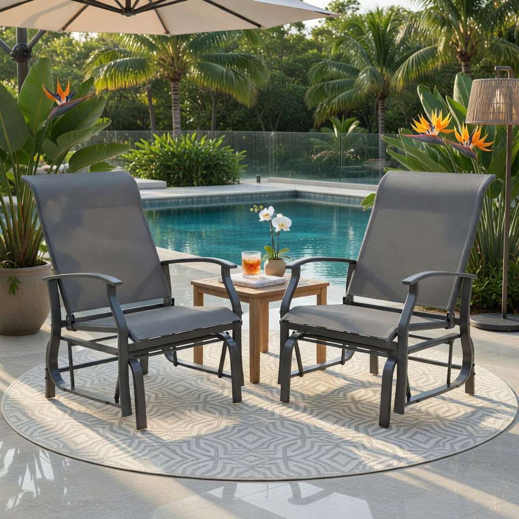 Hommoo 2-Piece Outdoor Glider Chair Set, Ergonomic Patio Rocking Chairs with Breathable Fabric Seats and Heavy-Duty Metal Frame, Gray