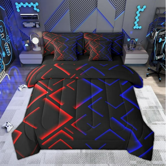 Manfei Red Blue Neon Light Twin Bedding Sets 7-Piece, Geometric Minimalist Bedding Comforter Set, Black Reversible Sheet Sets, Microfiber Bedroom Decor