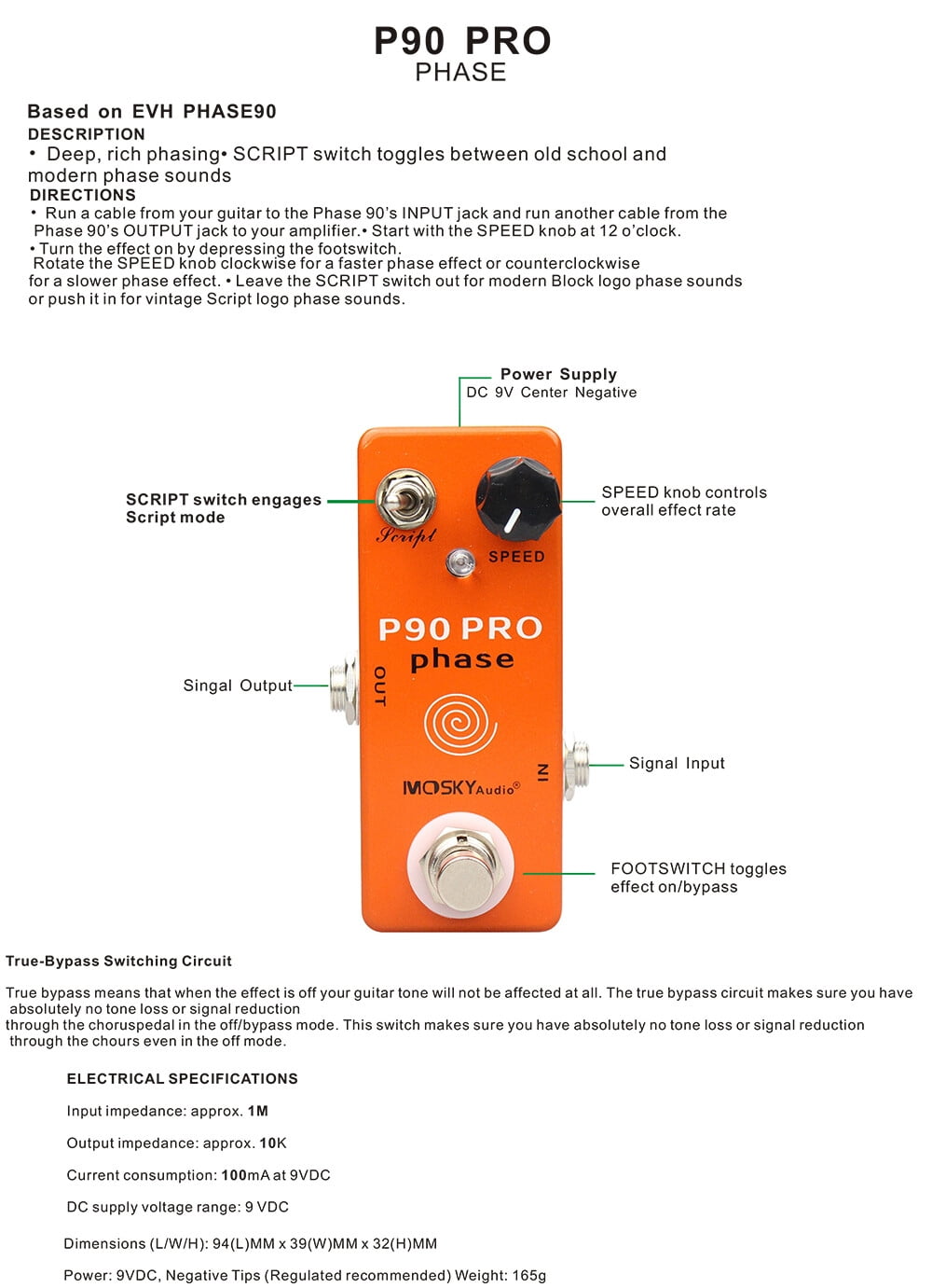 MOSKY P90 PRO Phase Pedal Electric Guitar Pedal Phaser Phase90 Vintage Effect Pedal True Bypass