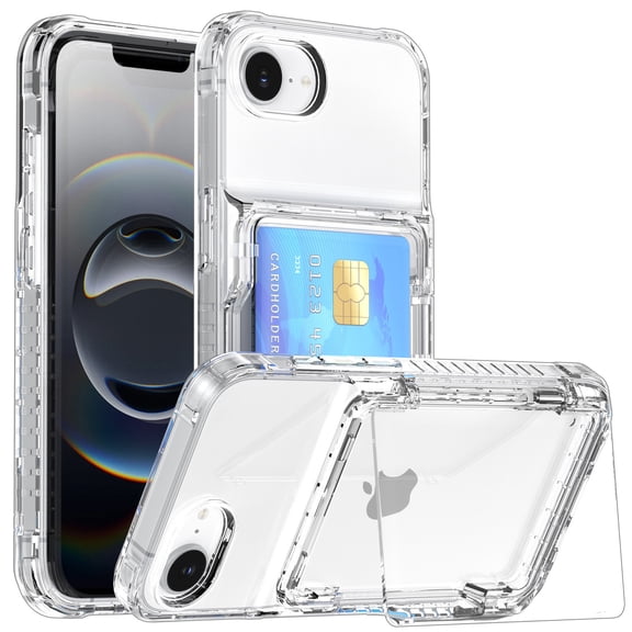 For iPhone 16e Rugged Clear Case with Card Holder, Soft TPU Bumper & Hard PC Back, Anti-Scratch Shockproof Wallet Case with Kickstand Transparent Cover for iPhone 16e, Clear