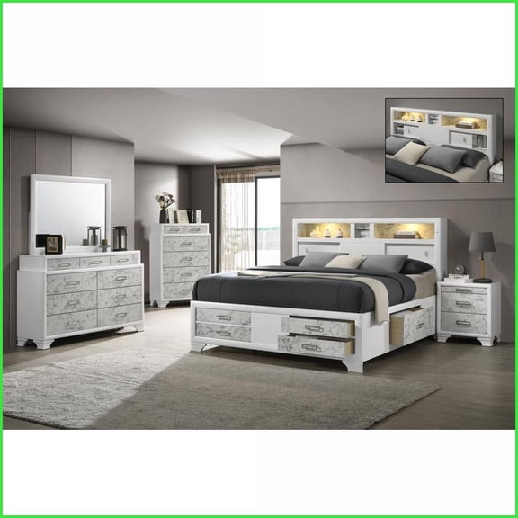 Bedroom Furniture Set Queen 5PC Modern White Manufactured Wood with LED USB-C Bluetooth | White | Wood