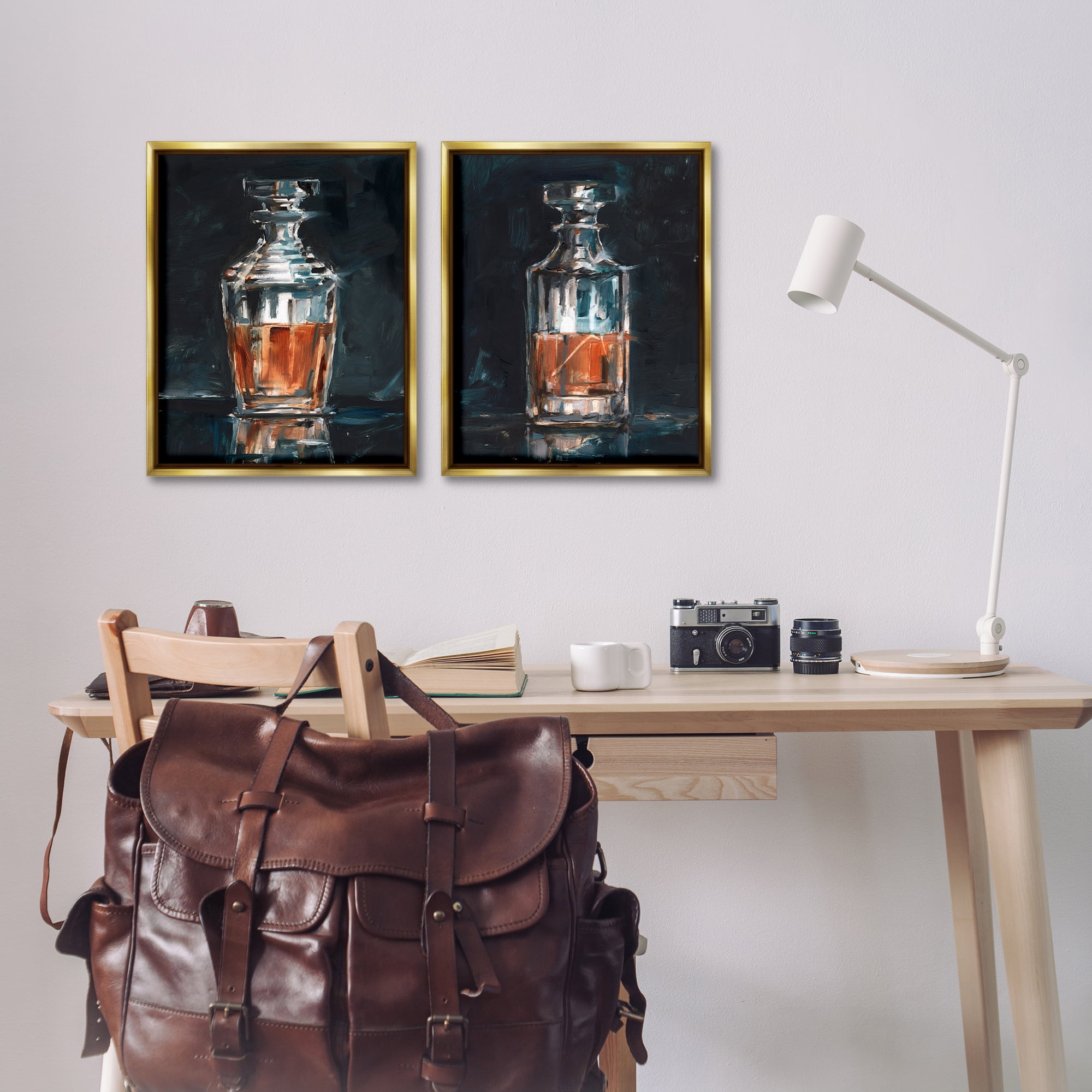 Stupell Industries Abstract Whiskey Decanters Food & Beverage Painting Gold Floater Framed Canvas Art Print Wall Art, 17 x 21, Set of 2