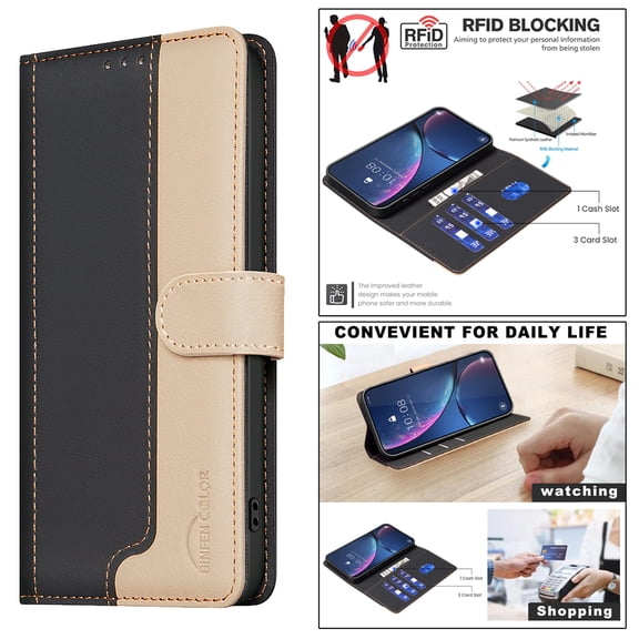 for Samsung Galaxy S24 Case, Color Blocking Design PU Leather [RFID Blocking] Wallet Case, Card Slots Flip Kickstand Full Body Protective Purse Phone Cover for Samsung Galaxy S24, Black