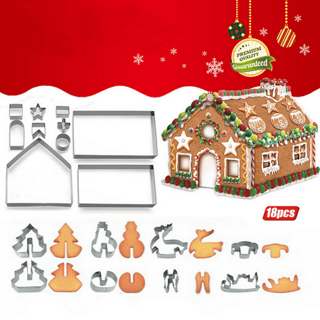 

18 Piece Gingerbread House Cutters Kit DTDR 3D Christmas House Cookie Cutter Set Stainless Steel Biscuit Cutter Mold Set Festive Xmas DIY Baking Including Christmas Tree Snowman Reindeer Gift Box