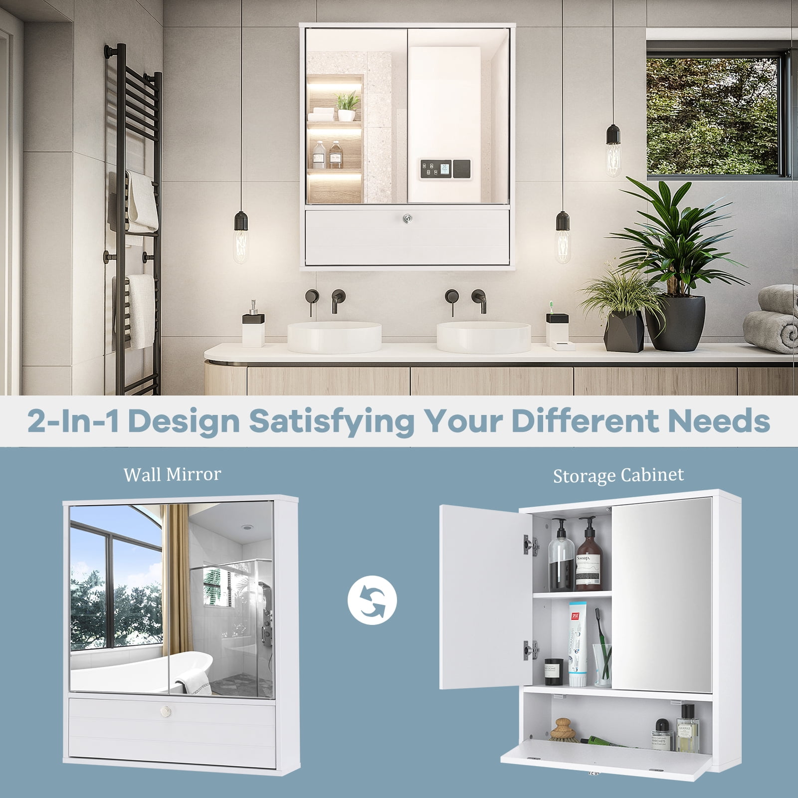 Costway Bathroom Cabinet Medicine Cabinet Double Mirror Door Wall Mount Storage Wood Shelf White