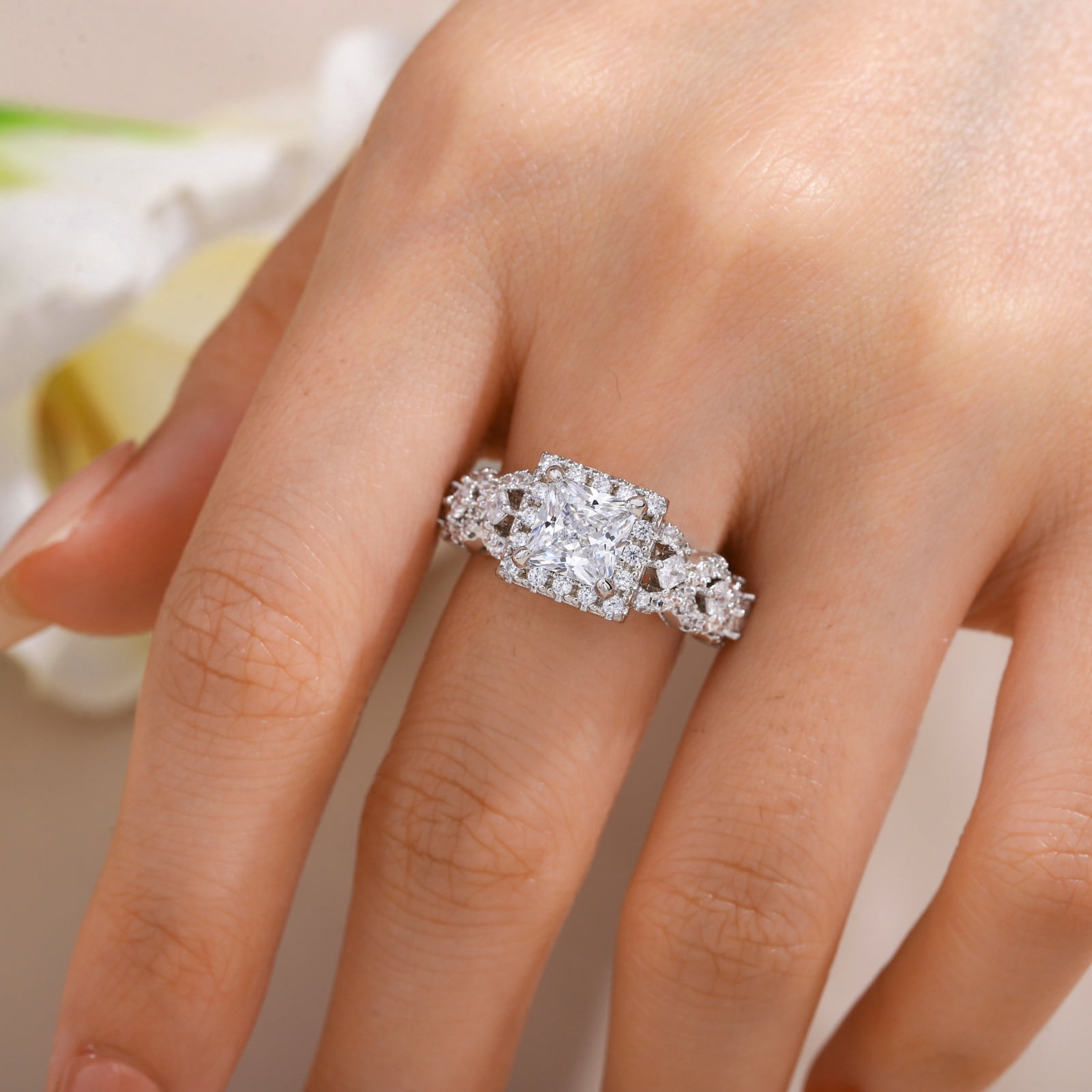 Flydeer Engagement Rings for Woman Princess Cut 5A CZ Wedding Promise Ring Silver 18K Plated Size 10