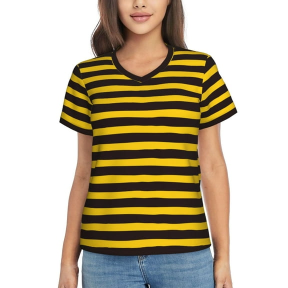Fuzoiu Bee Stripe Print Women's Classic V-Neck T-Shirt, Short Sleeve V Neck Tees for Casual Everyday Wear,Casual Fit Tee,Summer Fashion Tops-Small