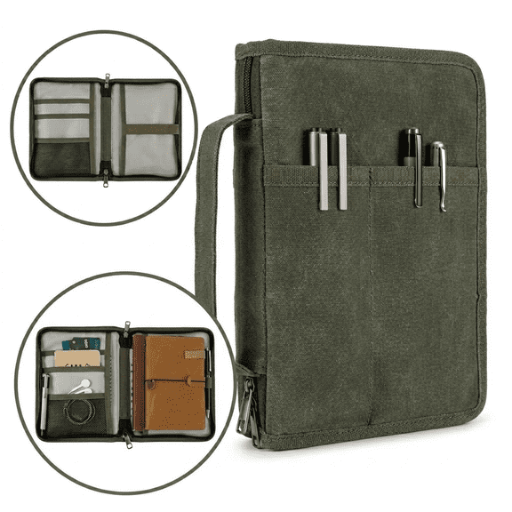 RUIFUU Waxed Canvas A5 Notebook Cover (Case ONLY, No Pad/Pens), Zipper Folio Organizer with Pen Pouches, Olive