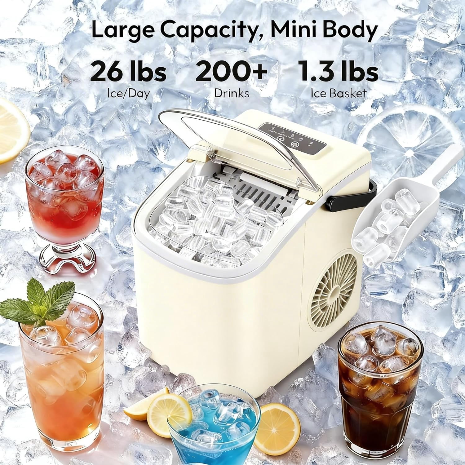 Small Portable Countertop Ice Maker, 26lbs/24H Ice Machine with Self-Cleaning, 6-8 Mins Fast Ice Making,Quiet Operation for Home Kitchen Camping RV