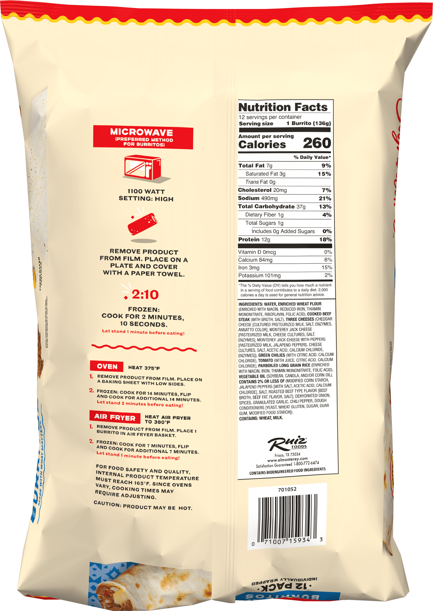 El Monterey Signature Shredded Steak and Cheese Burritos 57.6 oz, 12 Count (Frozen)