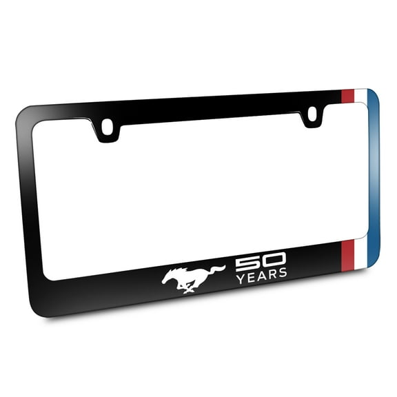Ford Mustang 50 Years Side Stripe Black Metal License Plate Frame