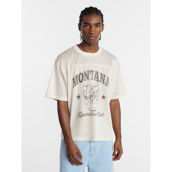 No Boundaries Graphic Boxy Fit Mesh Jersey Style Shirt, Men's XS-5XL