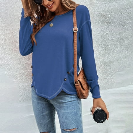 Women s Button Long Sleeve Autumn And Winter Solid Button Irregular Comfy Loose Pullover Top