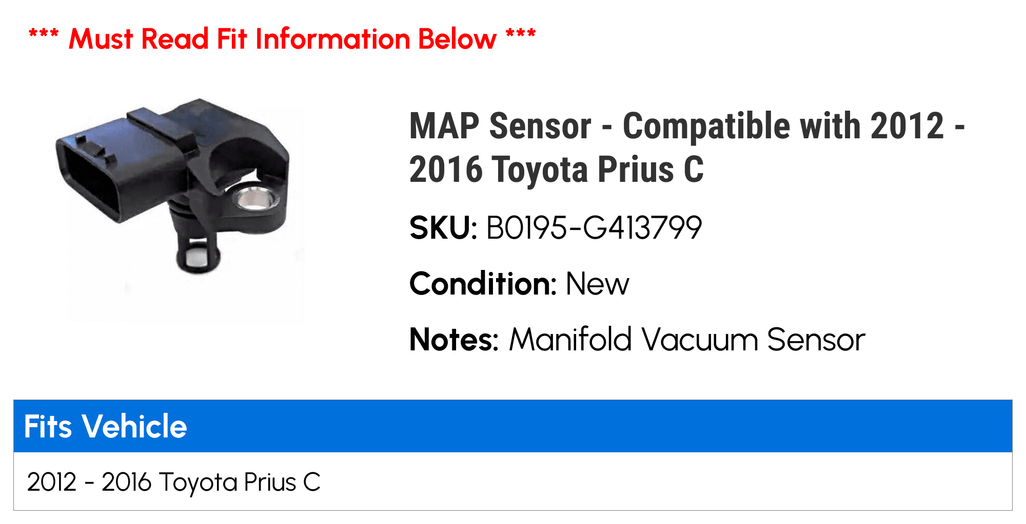 MAP Sensor - Compatible with 2012 - 2016 Toyota Prius C 2013 2014 2015