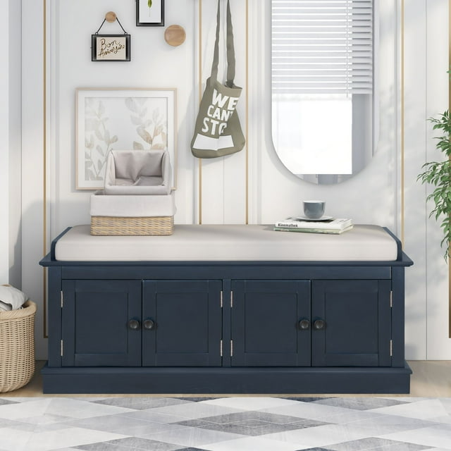 CATLK Banc de Rangement avec Coussin, Banc à Chaussures avec 4 Portes et Tablettes Ajustables, pour Salon, Entrée, Bleu Marine