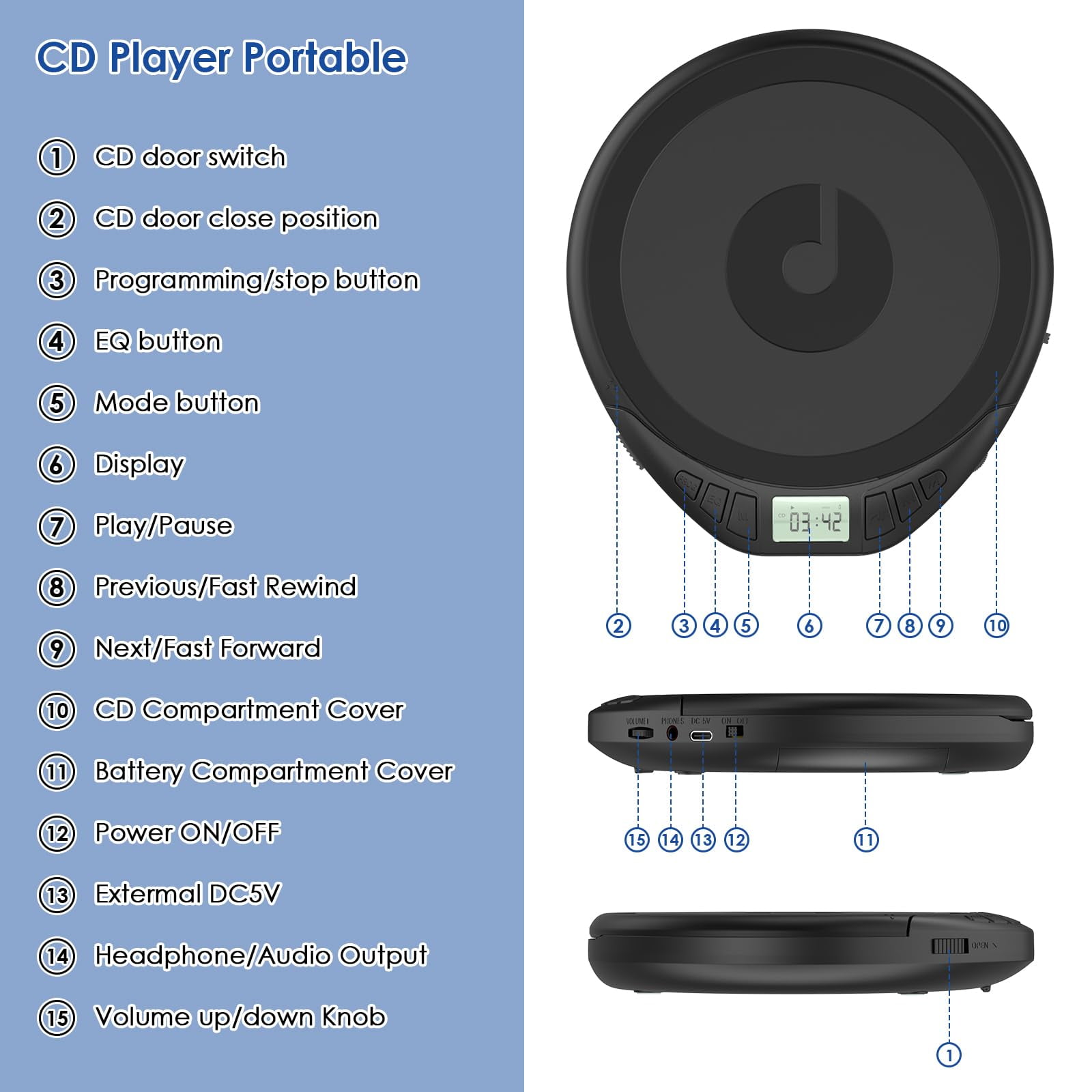 Ooosea CD Player Walkman Portable with Earphones,CD Player for Car Anti-Skip Shockproof,CD Player for Home with Headphones Jack USB AUX, LCD Display CD Disc