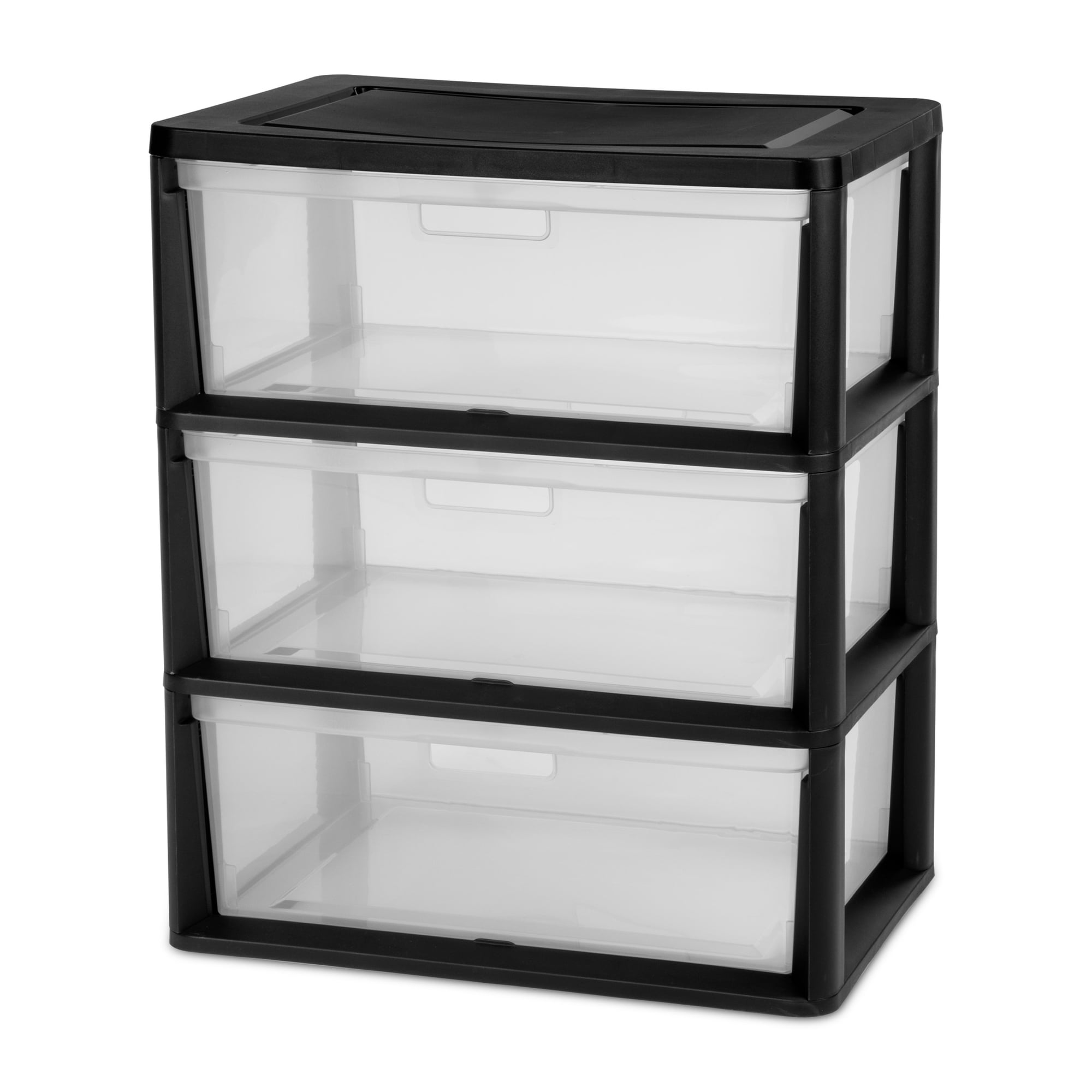 Sterilite Wide 3 Drawer Tower, Plastic Storage Organizer with Removable Clear Bins, Easy Assembly, No Tools Needed, Black