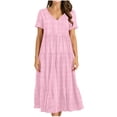 thumbnail image 2 of ClodeEU Women's Plaid V Neck Short Sleeve Midi Dress,Casual Loose Swing Dress Pink,Women's Plus M, 2 of 6