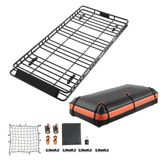 KFFKFF Universal Roof Rack Basket, 84 x 39 x 4.1 in, Rooftop Cargo Carrier with 7.9 x 3.9 x 10.2 in Storage Bag, Net, Ratchet Straps, 250 lbs Load Capacity for SUVs, Trucks, and Cars