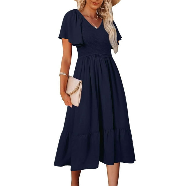 Robes d'Été pour Femmes 2023 Mode Midi Femmes Robe Ample à Col en V Été Manches Courtes Robe de Soirée pour Femmes Élégante Élégante en Liquidation