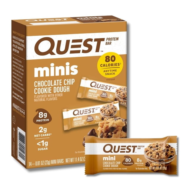 Mini Chocolate Chip Cookie Dough Protein Bars, 8g Protein, 1g Sugar, 2g Net Carbs, Gluten Free, 14 Count