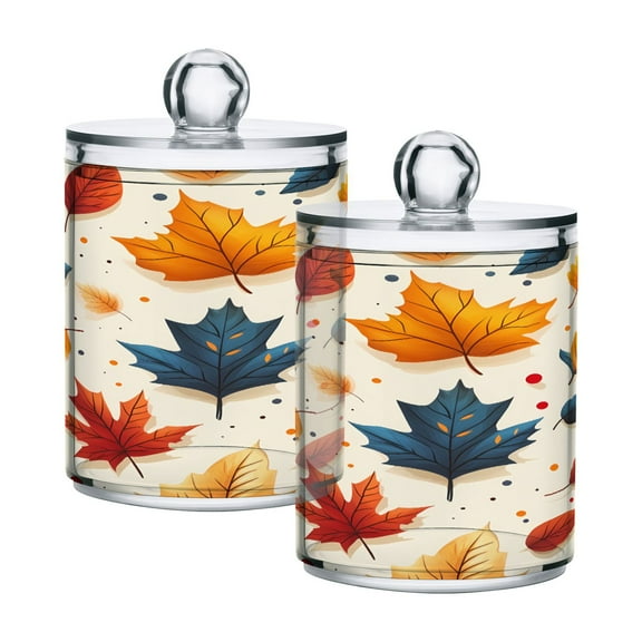 2 Pack Fall Leaf and Dots Qtip Holder Dispenser Clear Plastic Storage Apothecary Jars for Cotton Swabs Balls Pads Floss