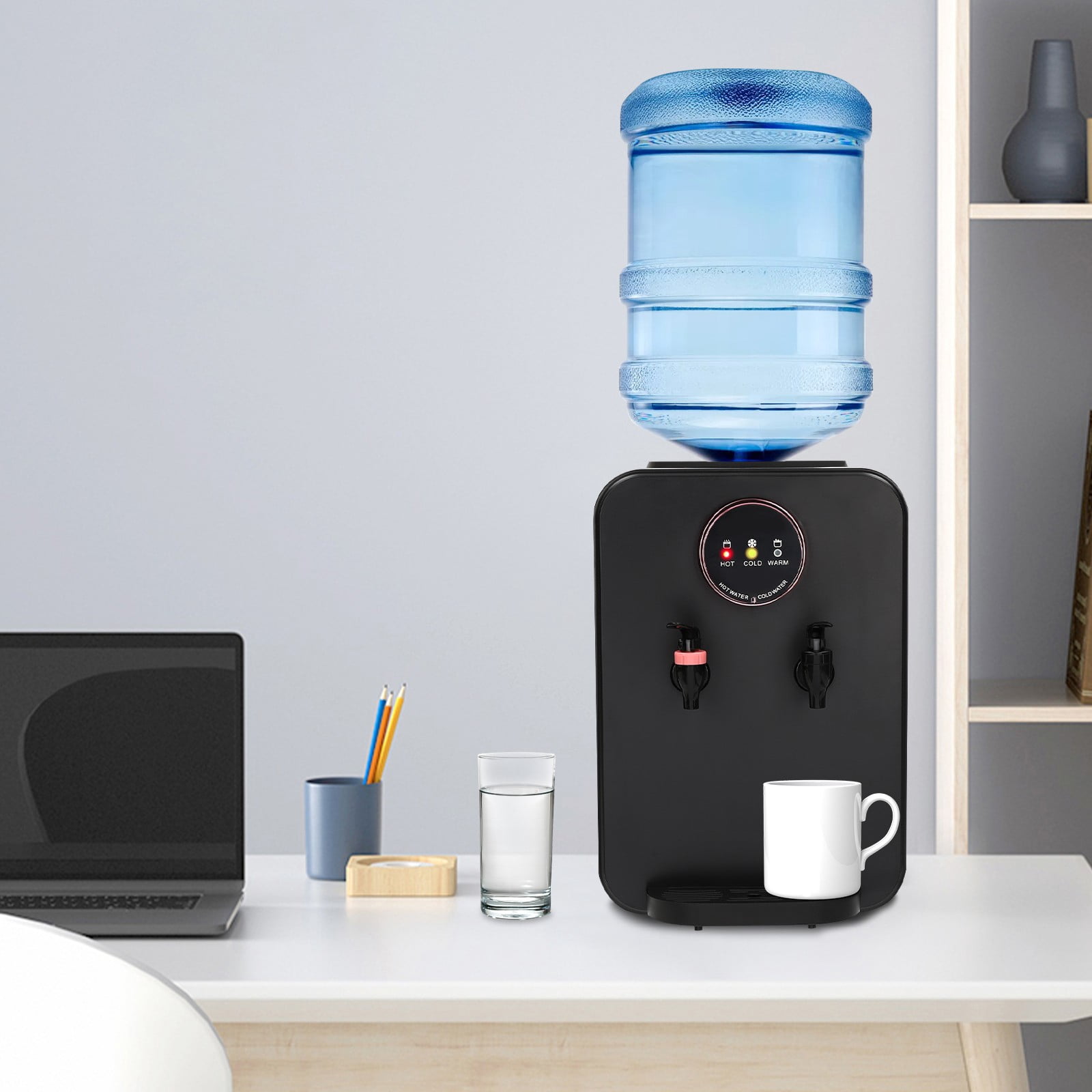 Countertop Hot and Cold Water Cooler Dispenser, Efficient Cooling/Heating, Top Loading Countertop Water Dispenser for Home Office Use, Holds 5 Gallon Bottles (Black)