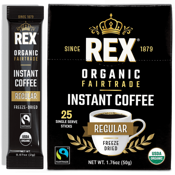 Rex Coffee Organic Fairtrade Freeze-Dried Instant Single-Serve Sticks, Medium Roast, 25 Count