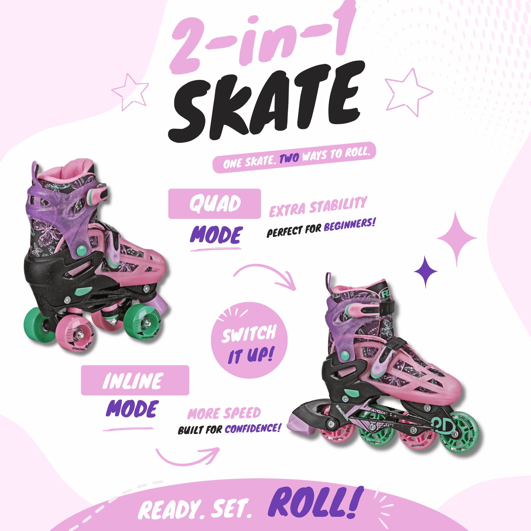 Roller Derby Falcon 2-in-1 Combo Adjustable Quad and Inline Skates, Black/Pink, Small