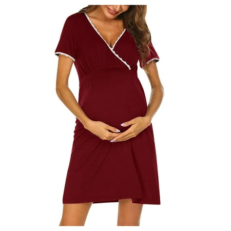 

Maternity dress Women Maternity Short Sleeve Hight Waist Dress For Daily Wearing Or Baby Shower Wine L