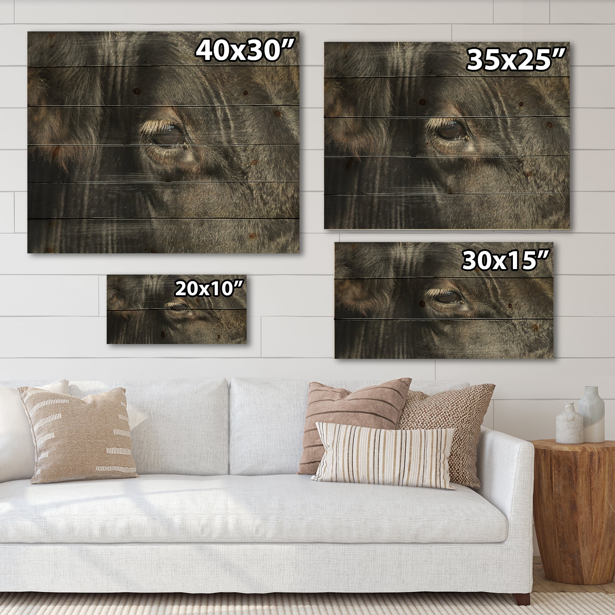 Designart 'Close-Up Of Cow Eye' Farmhouse Print on Natural Pine Wood