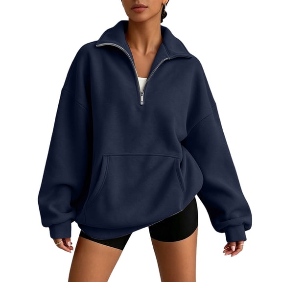 Women Oversized Quarter Zip Sweatshirt Stand Collar Soft Fleece Pullover with Pocket Loose Fall Winter Tops Navy XL