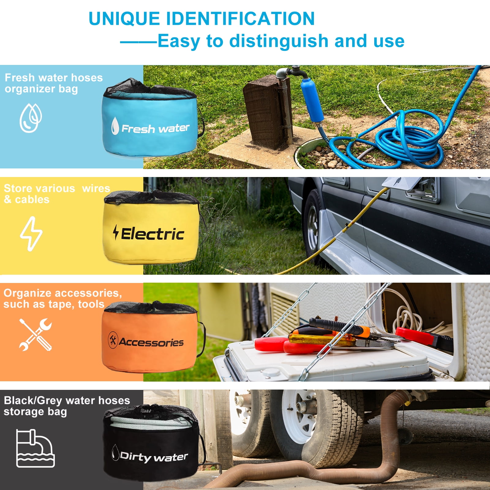 RV Hose Storage of 4 Pack, RV Accessories Storage Bag with 4 Storage Straps for Sewer Hoses/Fresh Water Hoses/Electrical Cords/Camper Tools Accessories