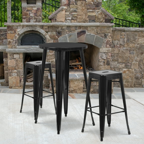 Flash Furniture Commercial Grade 24" Round Black Metal Indoor-Outdoor Bar Table Set with 2 Square Seat Backless Stools
