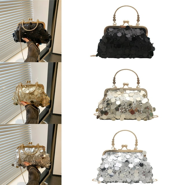 Bolso de noche con lentejuelas con clip para mujer - Bolso de hombro cruzado dorado plateado negro con cadena, 8,46x2,36x5,12 pulgadas