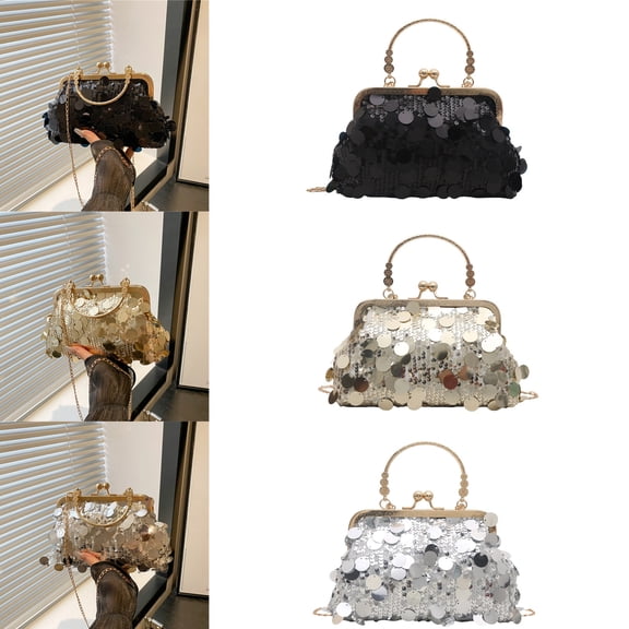 Women’s Sequin Chain Shoulder Bag Large Capacity | Pleated Polyester Handbag Crossbody Purse Gold Black Silver | Fashion Soft Travel Tote for Daily Commuting Shopping, 8.46"x2.36"x5.12"