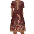 thumbnail image 2 of Sakmal Red Summer Dresses for Women Mid-Length Crew Neck Basic Floral Short Sleeve Shift Dress, 2 of 5