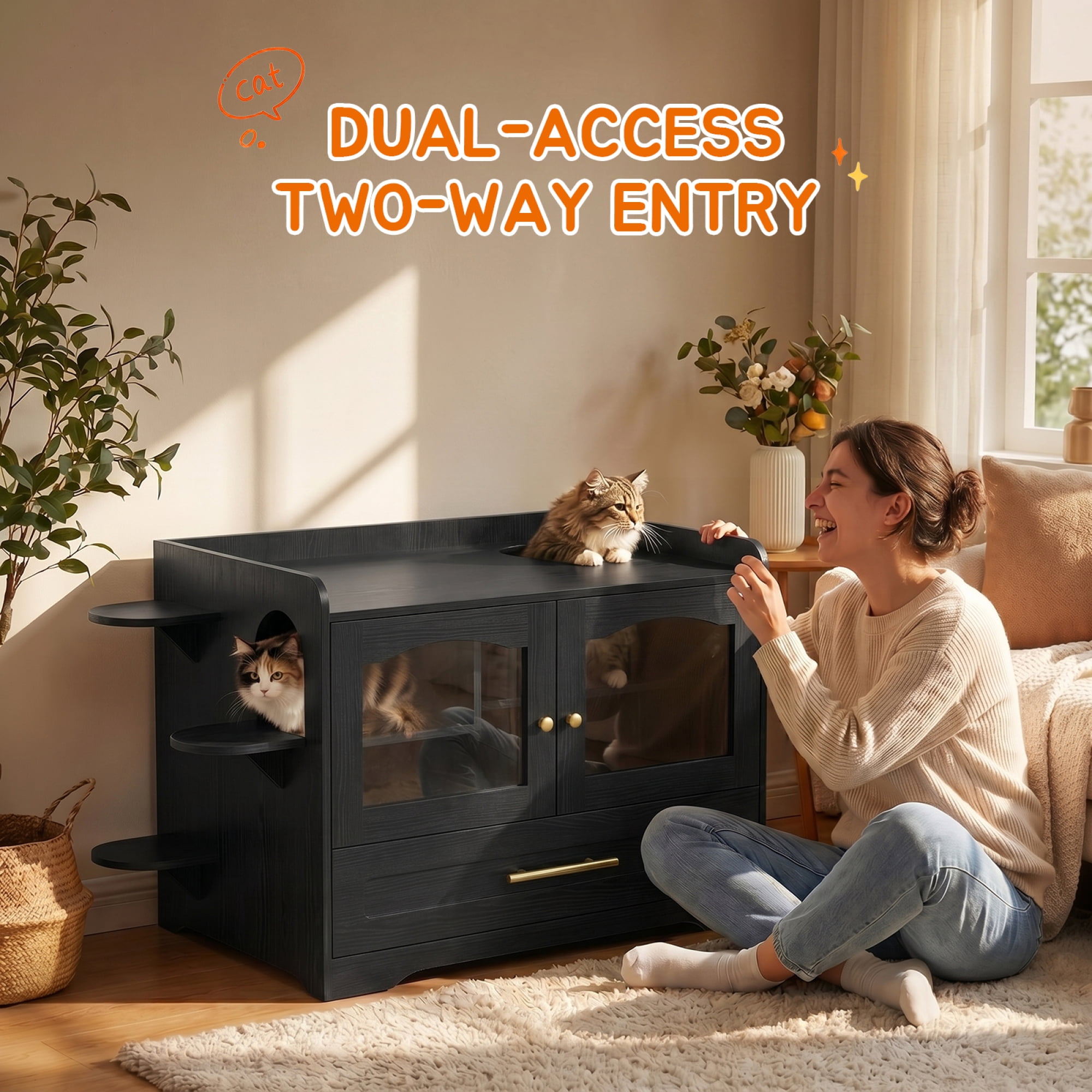 HOQBN Cat Litter Box Enclosure Furniture, Dog Proof Hidden Litter Box Cabinet with Acrylic Door, Extra Long Runway & Storage Drawer, Indoor Cat Play Area Black