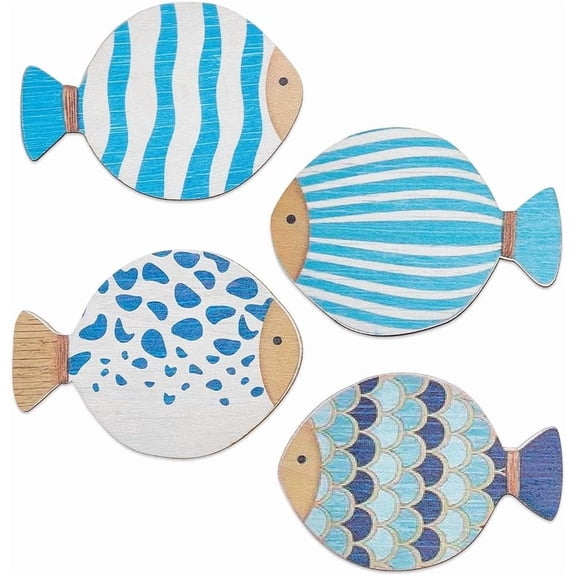 4Pcs Vintage Wood Fish Beach Wall Decor Wooden Multi Fish Shape Nautical Coastal Wall Art Hanging Sculptures Lake House Ocean Theme