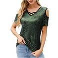 thumbnail image 3 of VKOYWKM Women's Sequin Tops Cold Shoulder Short Sleeve T-Shirts Glitter V Neck Tunic Shirt Trendy Club Party Blousers, 3 of 9