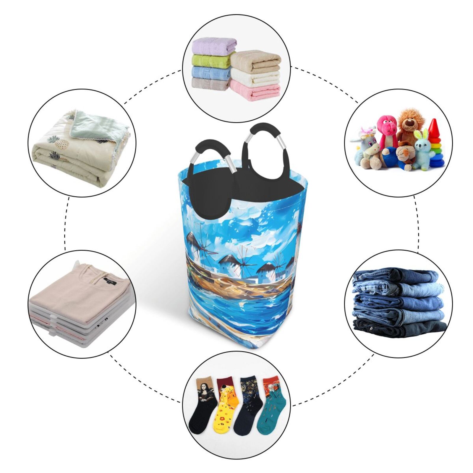 Xecao Greek Island Windmills Painting for Laundry Basket,Collapsible Large Laundry Hamper,Wash Bag for Laundry Room, Rolling Laundry Basket with Handles