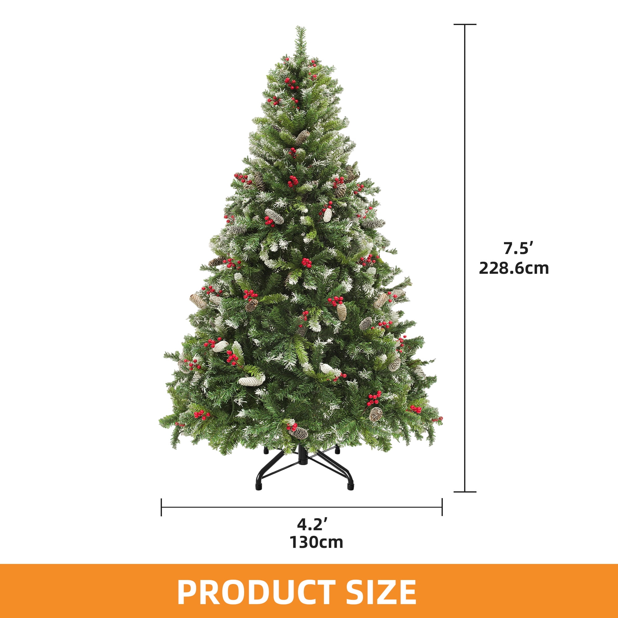 Uforic 7.5ft Pre-Lit Pine Artificial Christmas Tree with 1398 Branch Tips & 550 Lights,  82 Pine Cones & 82 Red Berries, Remote Control, Green